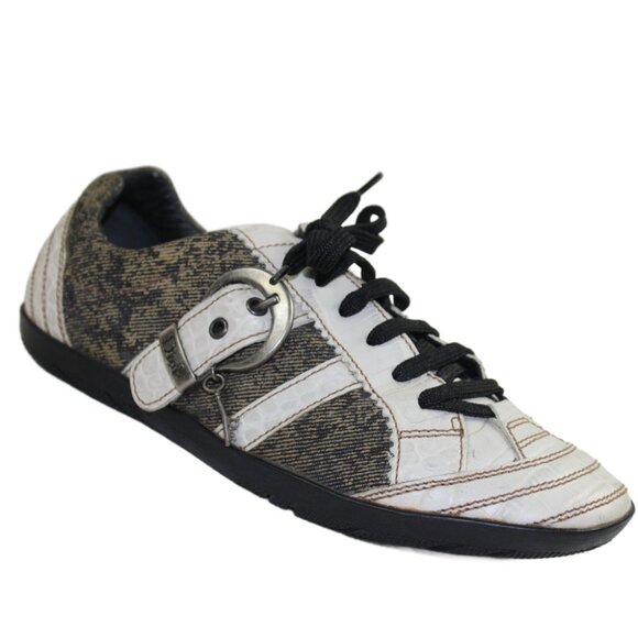 Christian Dior Taupe White Croc Distressed Canvas Lace-Up Low Profile Sneaker - Picture 2 of 11